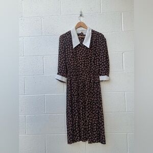 80’s vintage  Long Sleeve Dress with Black and Pink Leaf Pattern